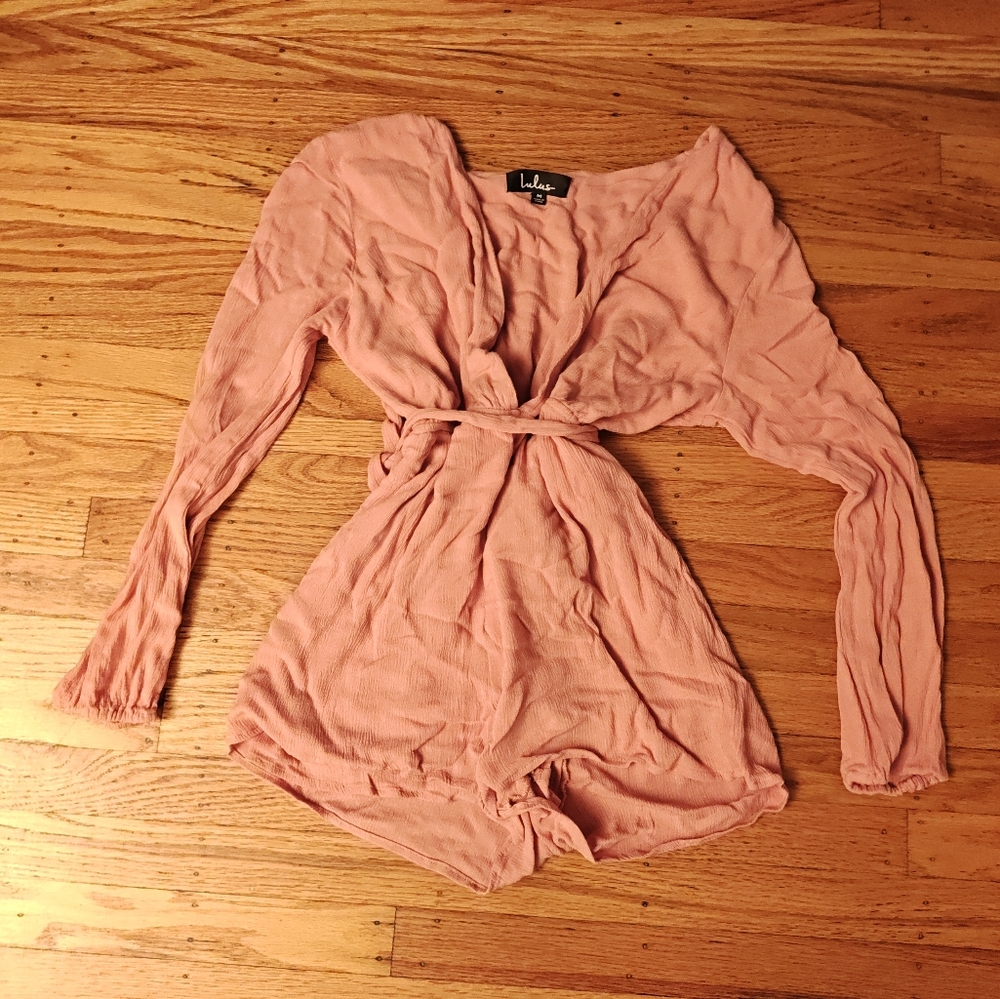 Lulu's Dusty Pink Long-Sleeve Wrap Bodysuit Romper